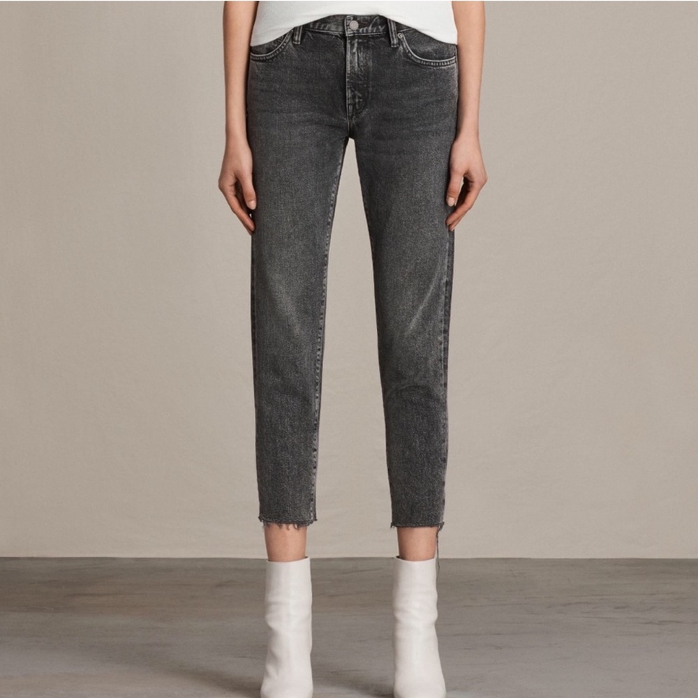 All Saints Muse Slim Jeans Gray Black Raw Hem 26